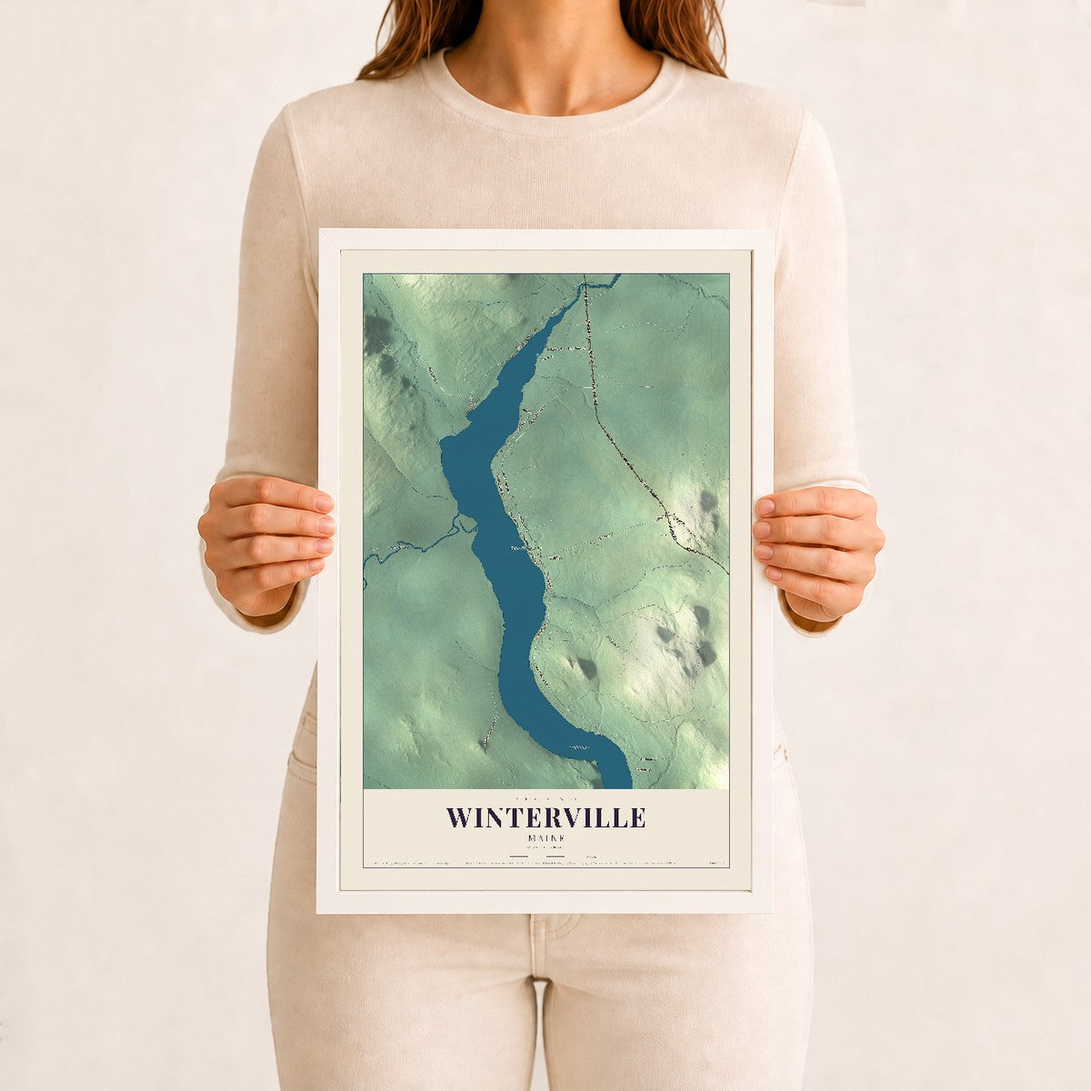 Winterville, Maine map print - 12 x 18 white Ayous wood frame