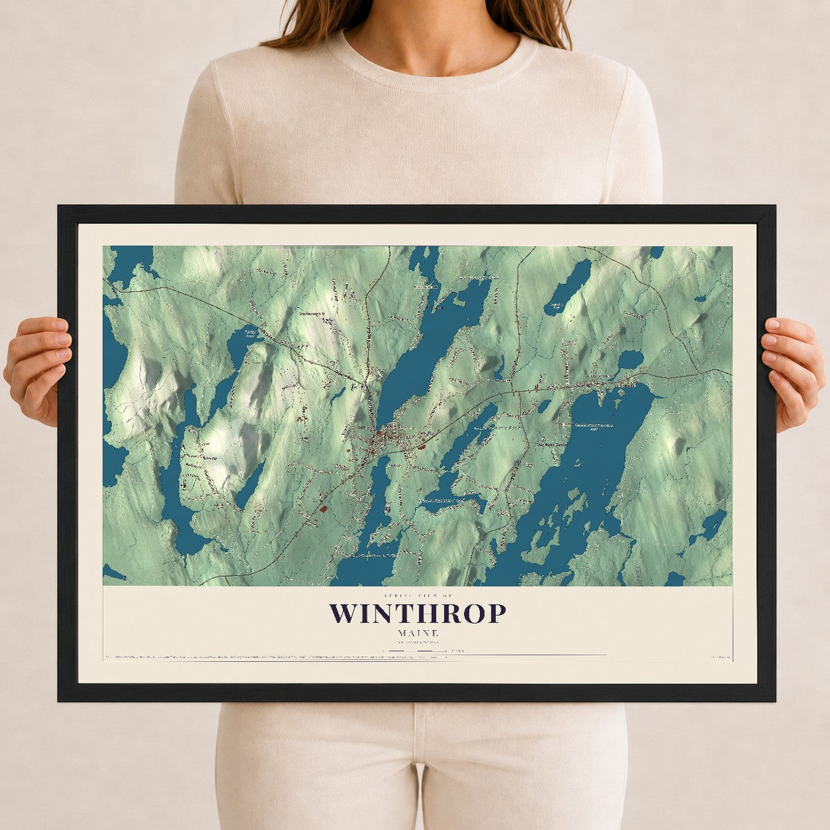 Winthrop, Maine map print - 12 x 18 black Ayous wood frame