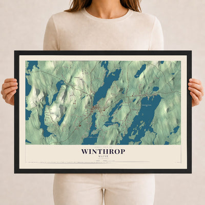 Winthrop, Maine map print - 12 x 18 black Ayous wood frame