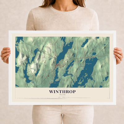 Winthrop, Maine map print - 12 x 18 white Ayous wood frame