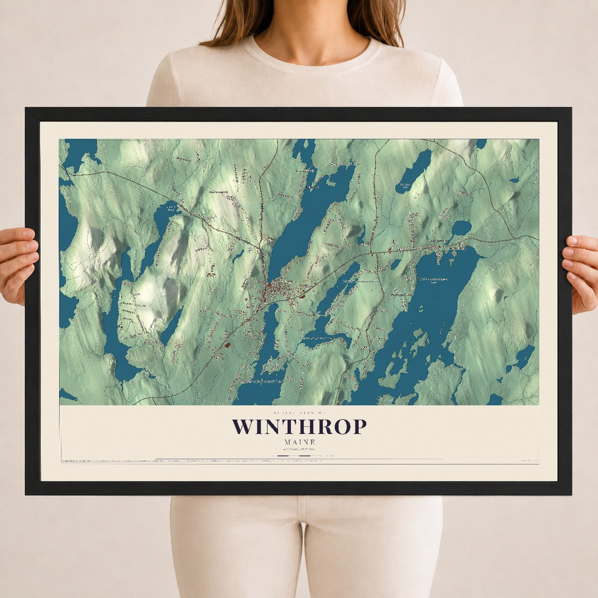 Winthrop, Maine map print - 18 x 24 black Ayous wood frame