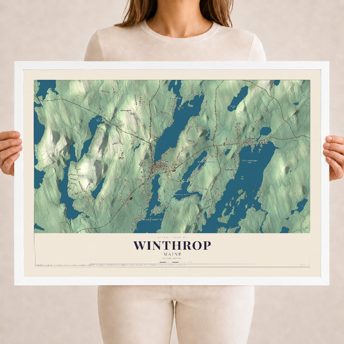 Winthrop, Maine map print - 18 x 24 white Ayous wood frame