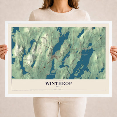 Winthrop, Maine map print - 18 x 24 white Ayous wood frame