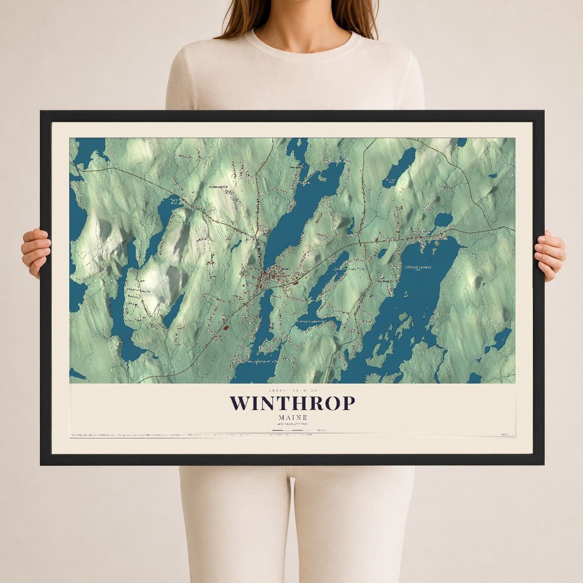 Winthrop, Maine map print - 24 x 36 black Ayous wood frame