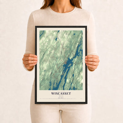 Wiscasset, Maine map print - 12 x 18 black Ayous wood frame