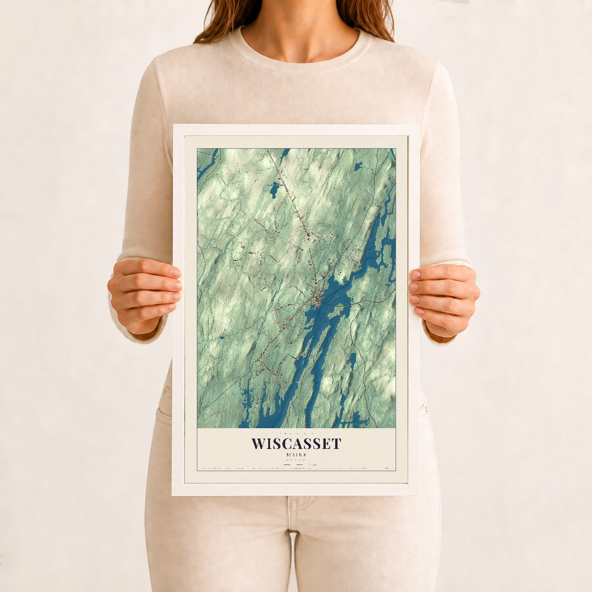 Wiscasset, Maine map print - 12 x 18 white Ayous wood frame