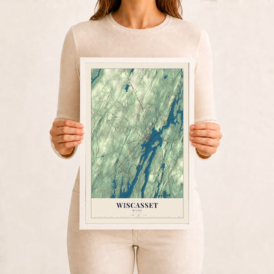 Wiscasset, Maine map print - 12 x 18 white Ayous wood frame