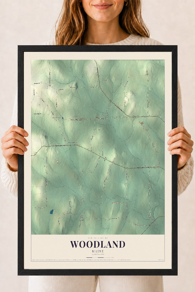 Woodland, Maine map print - 18 x 24 black Ayous wood frame