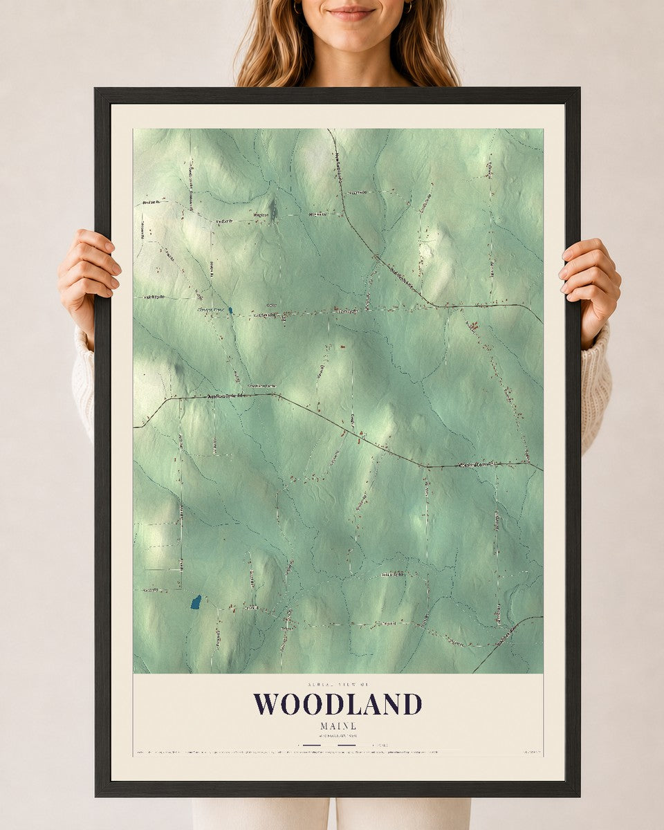Woodland, Maine map print - 24 x 36 black Ayous wood frame
