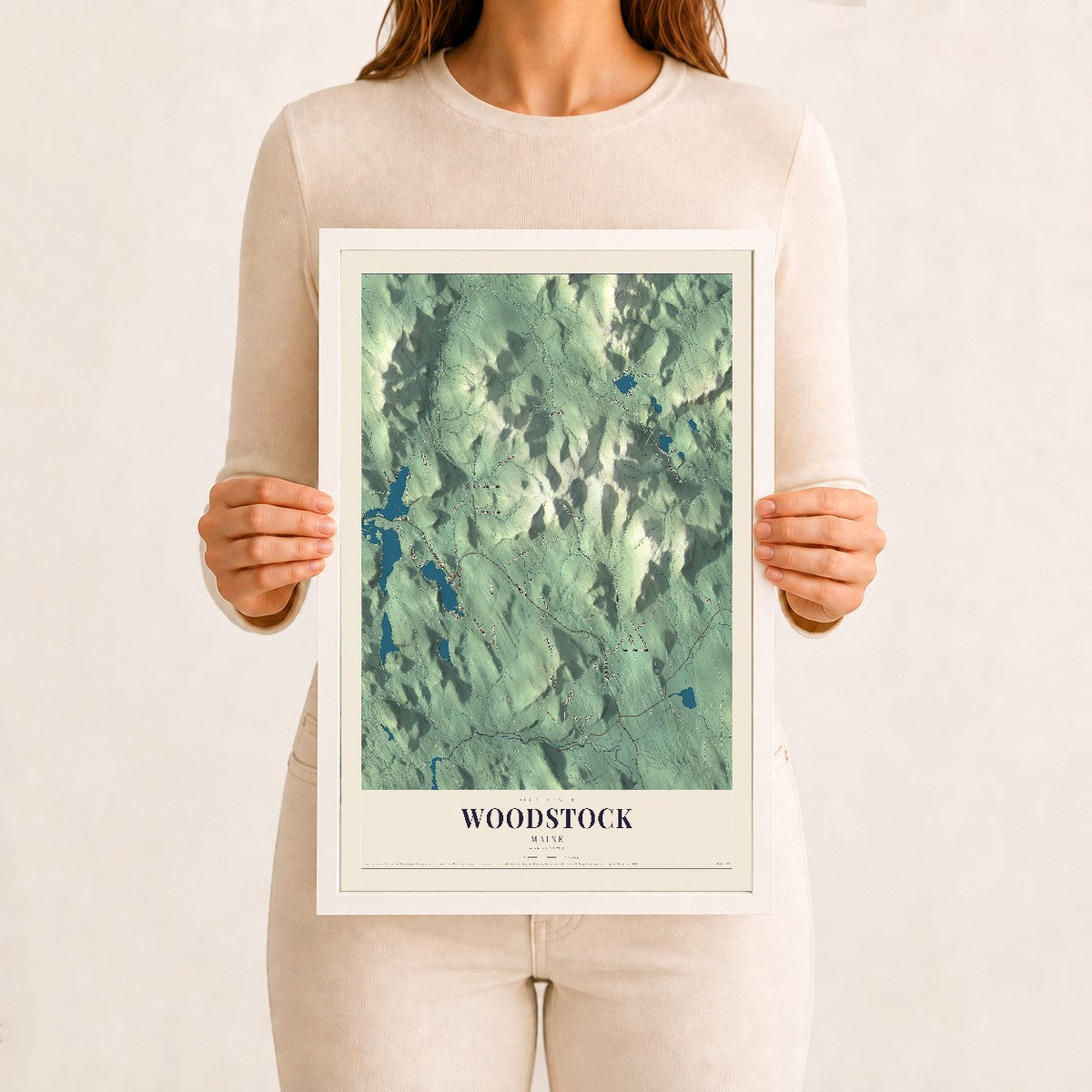 Woodstock, Maine map print - 12 x 18 white Ayous wood frame