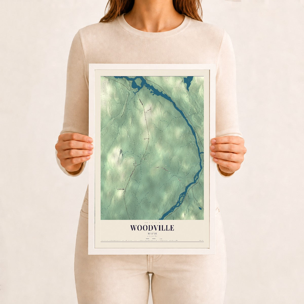 Woodville, Maine map print - 12 x 18 white Ayous wood frame