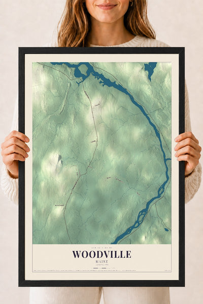 Woodville, Maine map print - 18 x 24 black Ayous wood frame