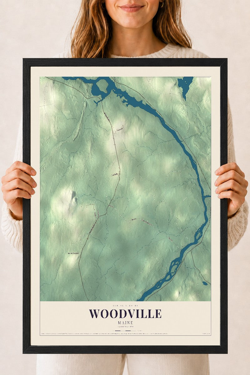 Woodville, Maine map print - 18 x 24 black Ayous wood frame