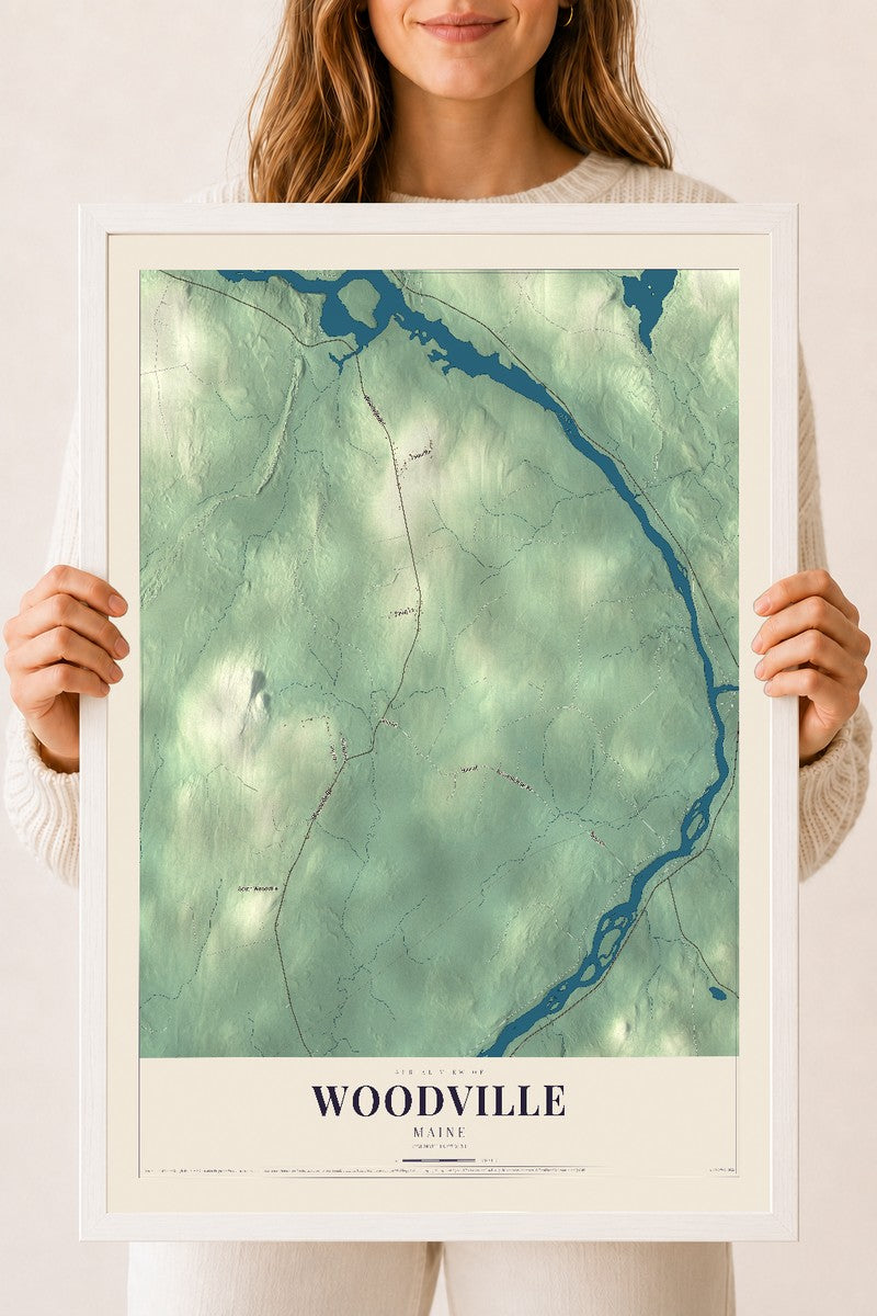 Woodville, Maine map print - 18 x 24 white Ayous wood frame