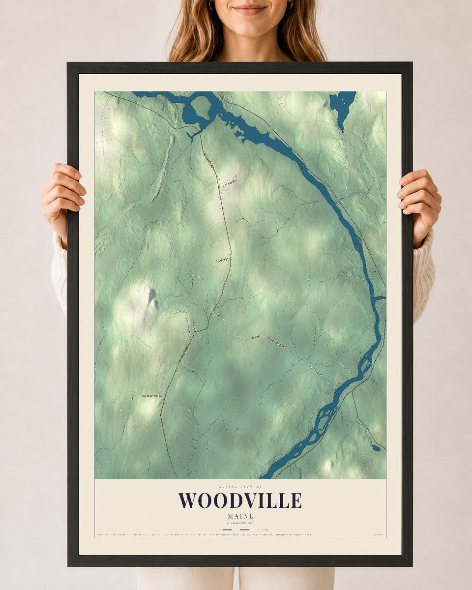 Woodville, Maine map print - 24 x 36 black Ayous wood frame