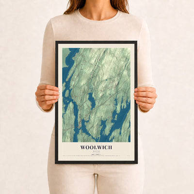 Woolwich, Maine map print - 12 x 18 black Ayous wood frame
