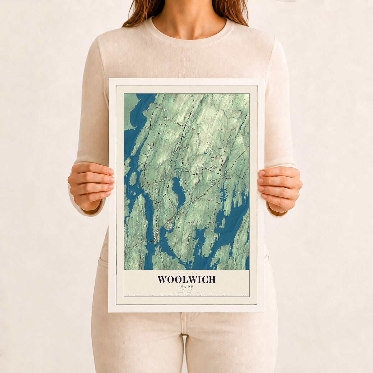 Woolwich, Maine map print - 12 x 18 white Ayous wood frame