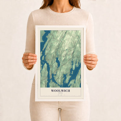 Woolwich, Maine map print - 12 x 18 white Ayous wood frame