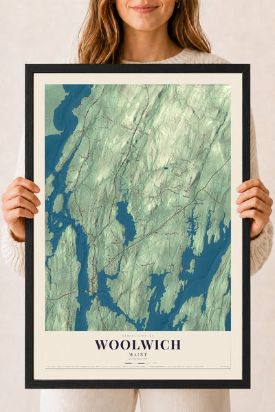 Woolwich, Maine map print - 18 x 24 black Ayous wood frame