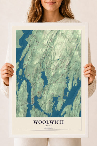 Woolwich, Maine map print - 18 x 24 white Ayous wood frame