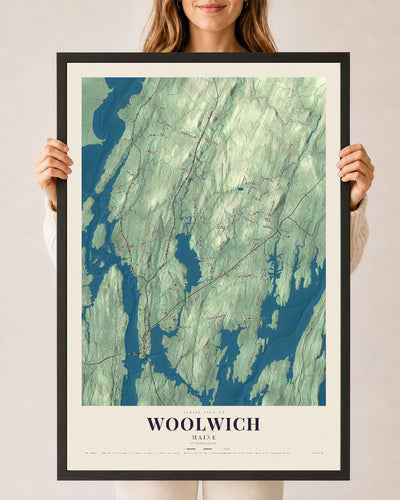 Woolwich, Maine map print - 24 x 36 black Ayous wood frame