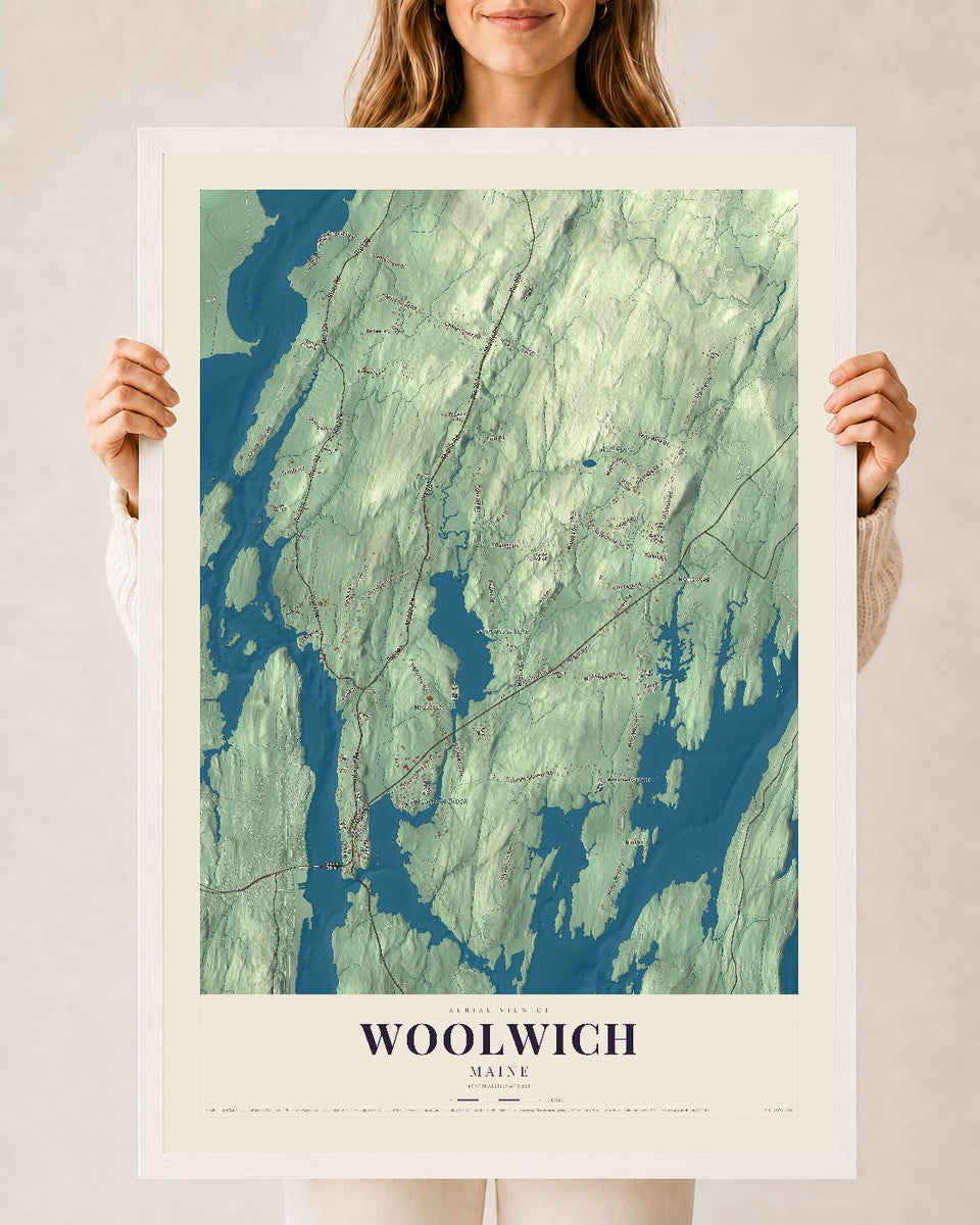 Woolwich, Maine map print - 24 x 36 white Ayous wood frame