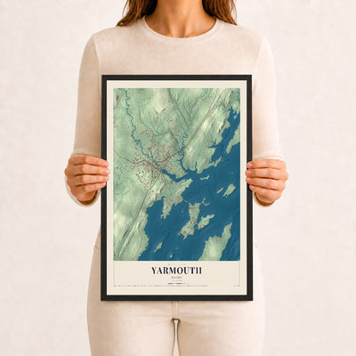 Yarmouth, Maine map print - 12 x 18 black Ayous wood frame