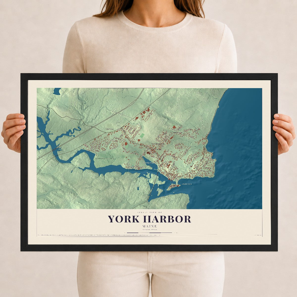York Harbor, Maine map print - 12 x 18 black Ayous wood frame