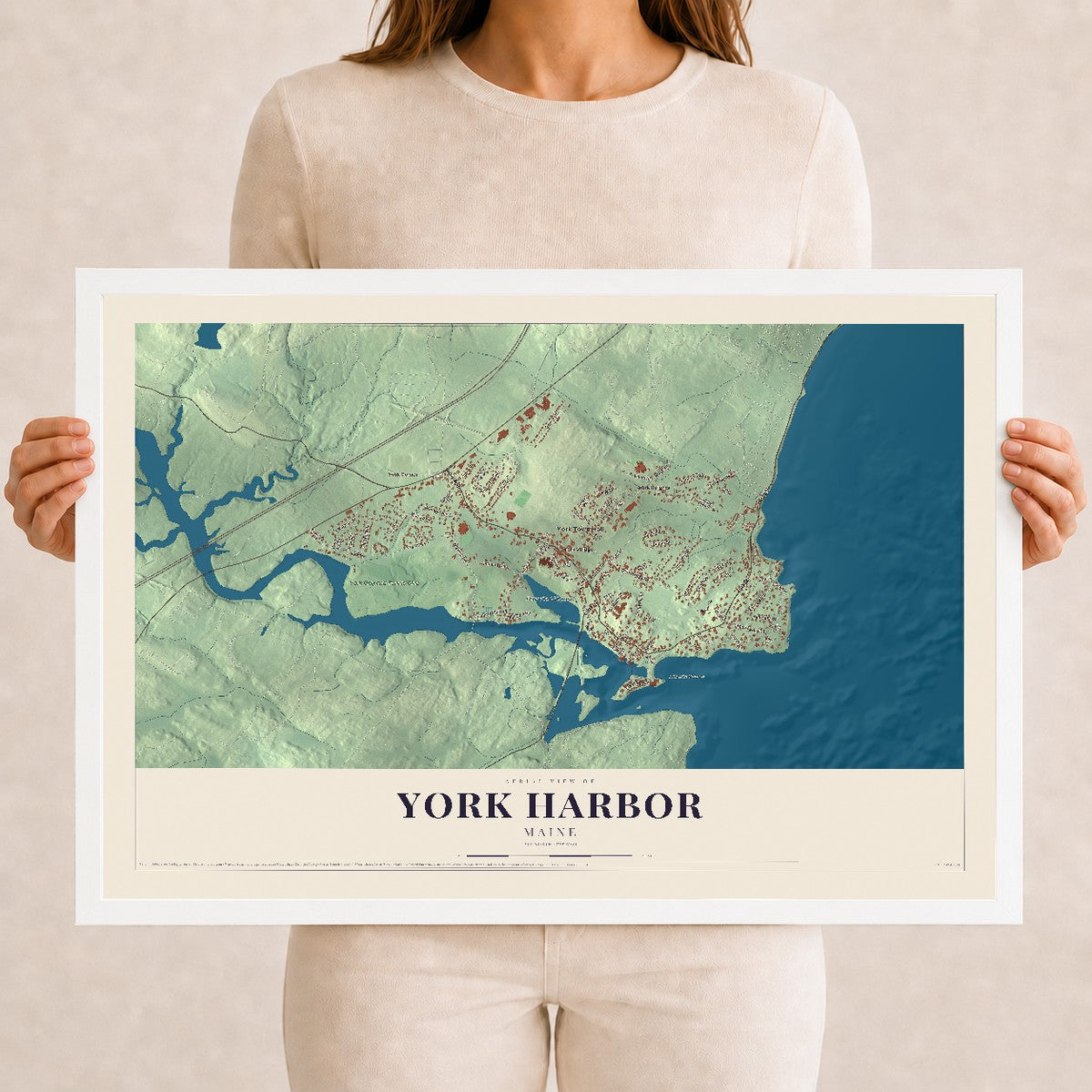 York Harbor, Maine map print - 12 x 18 white Ayous wood frame