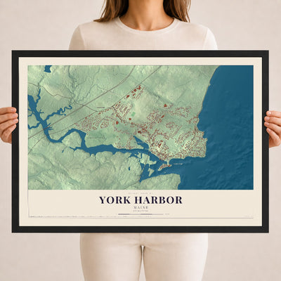 York Harbor, Maine map print - 18 x 24 black Ayous wood frame