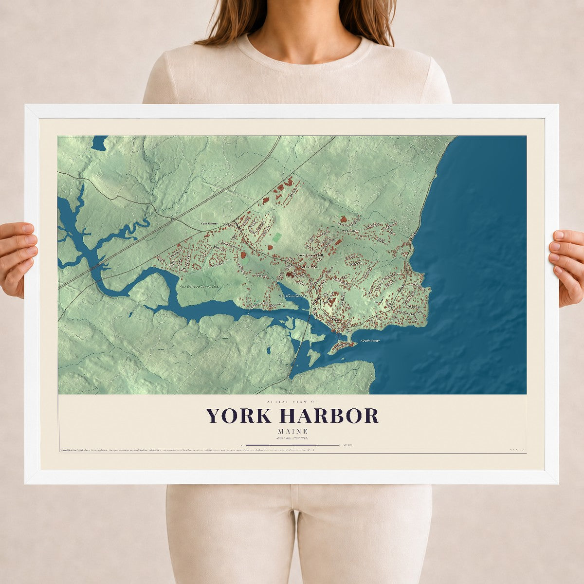 York Harbor, Maine map print - 18 x 24 white Ayous wood frame