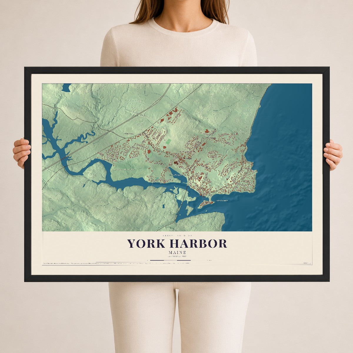 York Harbor, Maine map print - 24 x 36 black Ayous wood frame