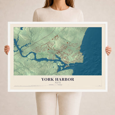 York Harbor, Maine map print - 24 x 36 white Ayous wood frame