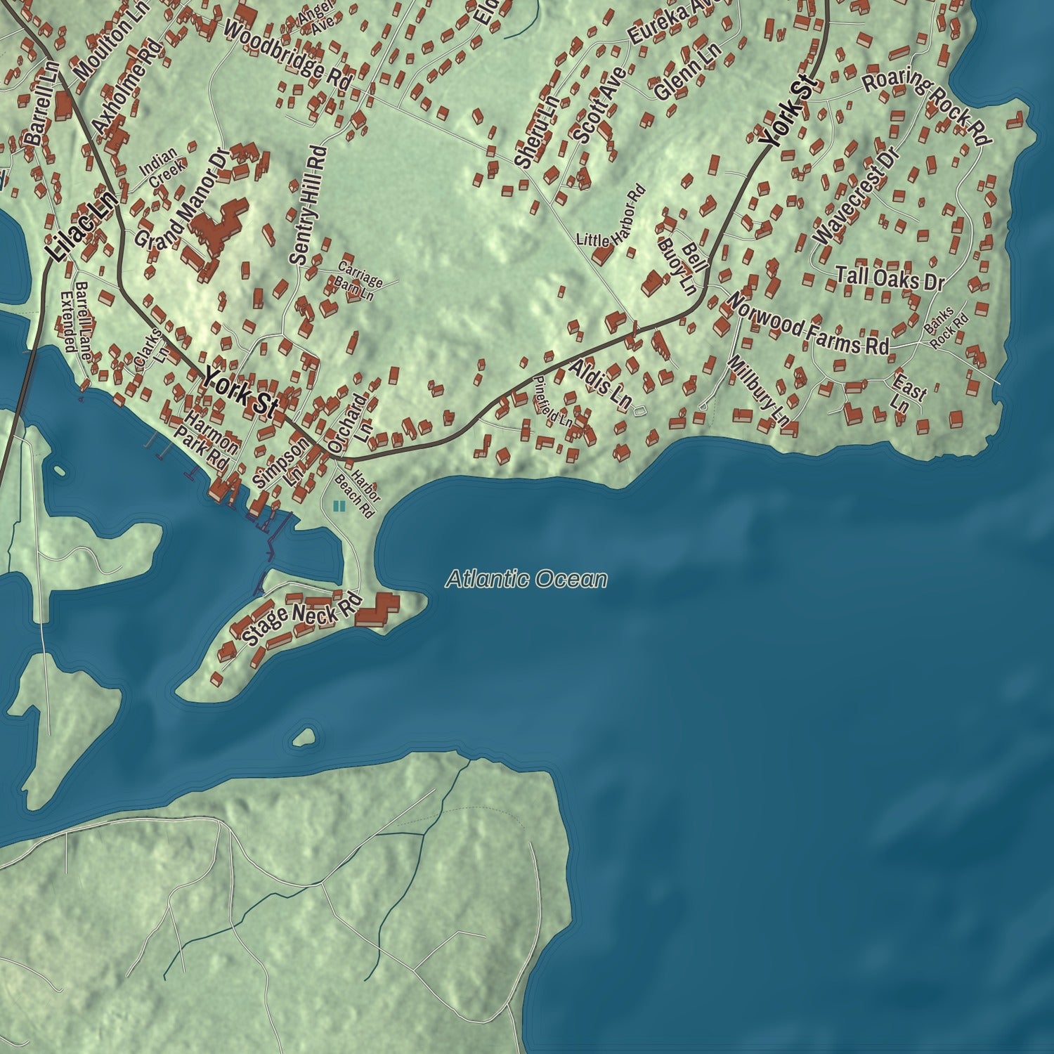Terrain and local geography detail from the York Harbor, Maine map