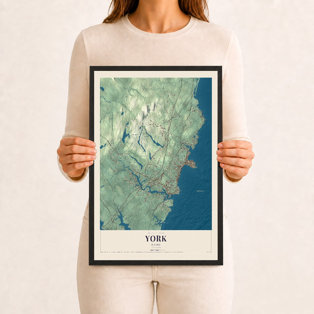 York, Maine map print - 12 x 18 black Ayous wood frame