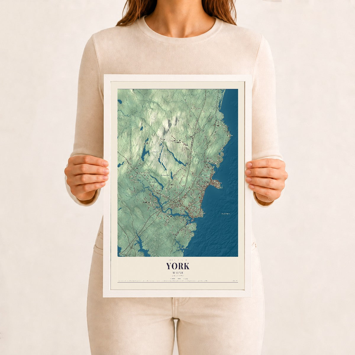York, Maine map print - 12 x 18 white Ayous wood frame