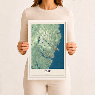York, Maine map print - 12 x 18 white Ayous wood frame