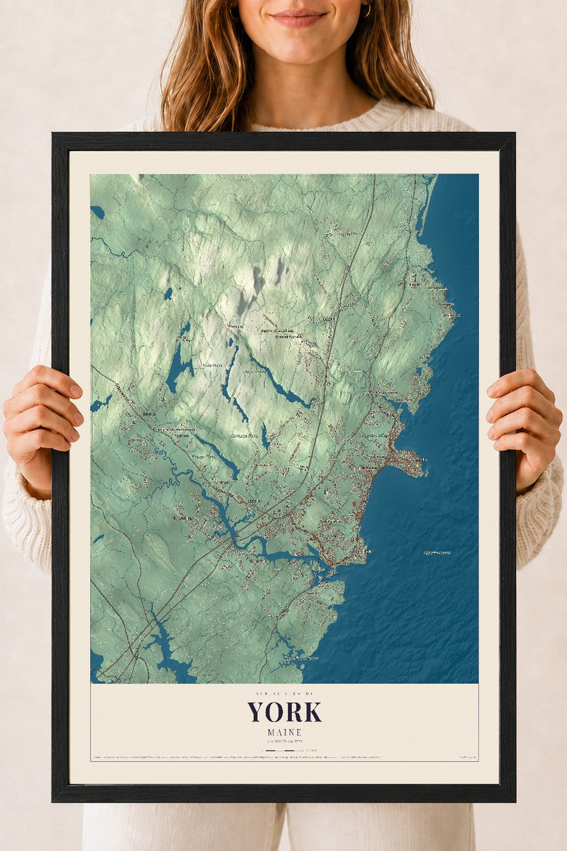 York, Maine map print - 18 x 24 black Ayous wood frame