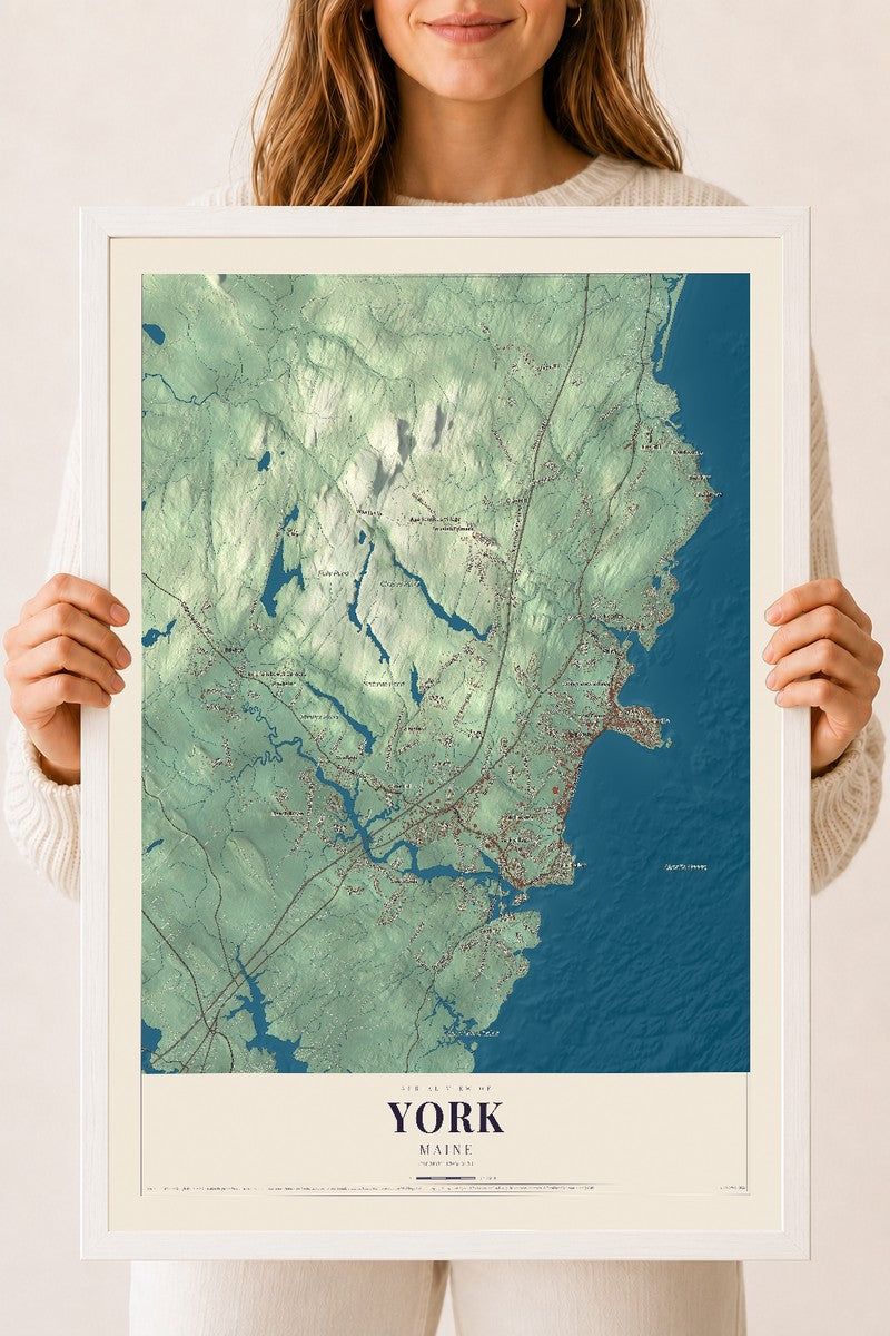 York, Maine map print - 18 x 24 white Ayous wood frame