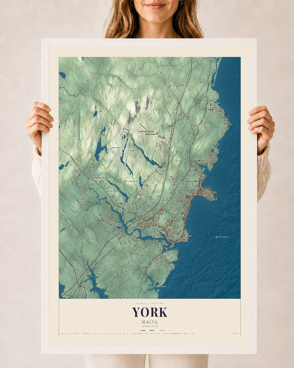 York, Maine map print - 24 x 36 white Ayous wood frame