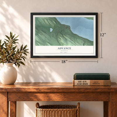 Advance, Michigan map, 12 x 18 inch print in a black frame in an entryway
