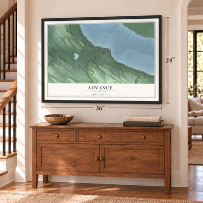 Advance, Michigan map, 24 x 36 inch print in a black frame above a dresser by a staircase