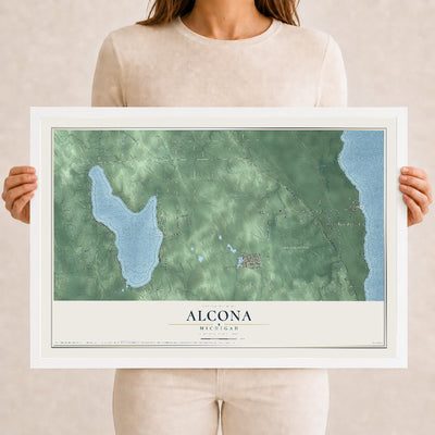 Map of Alcona, Michigan, 12 x 18 inch print in a white wood frame