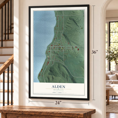 Alden, Michigan map, 24 x 36 inch print in a black frame by a staircase