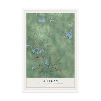 Map of Allegan, Allegan County, Michigan, 12 x 18 inch print in a white wood frame