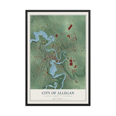 Map of Allegan, Michigan, 12 x 18 inch print in a black wood frame