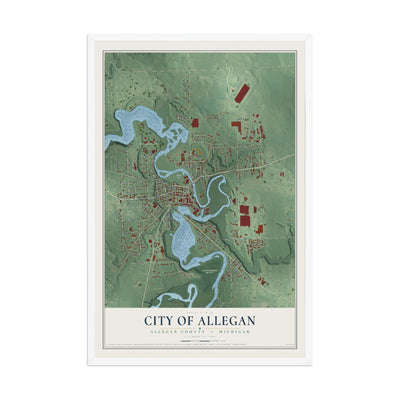 Map of Allegan, Michigan, 12 x 18 inch print in a white wood frame