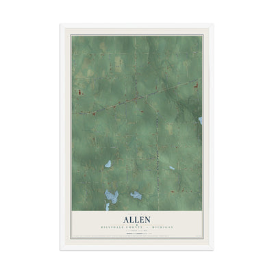 Map of Allen, Hillsdale County, Michigan, 12 x 18 inch print in a white wood frame