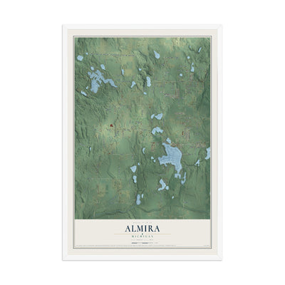Map of Almira, Michigan, 12 x 18 inch print in a white wood frame