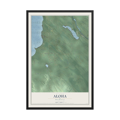 Map of Aloha, Michigan, 12 x 18 inch print in a black wood frame